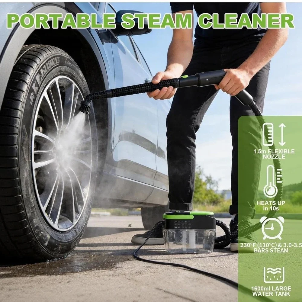 POEUU Portable‎ Steam Cleaner Canister 1600ml Water Tank Home Green Open Box